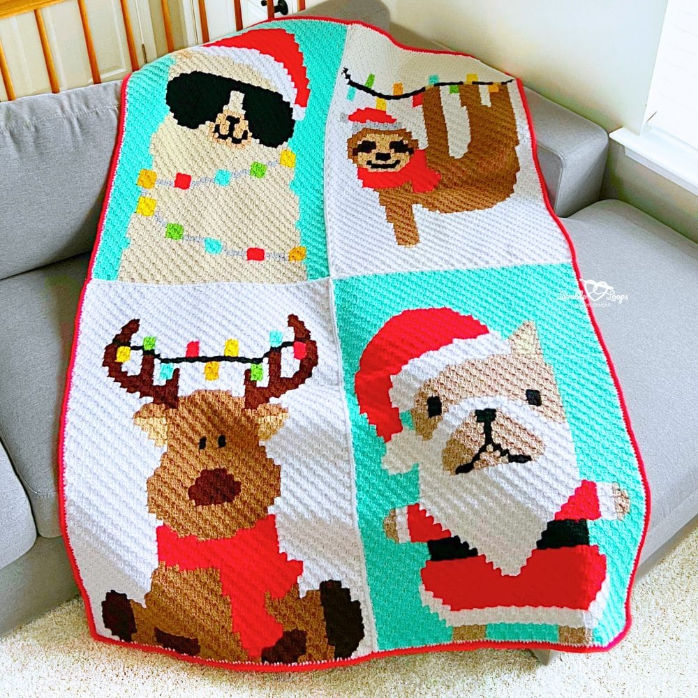 C2C Christmas animal blanket crochet pattern showing close-up details of festive animal squares crocheted using the corner-to-corner method