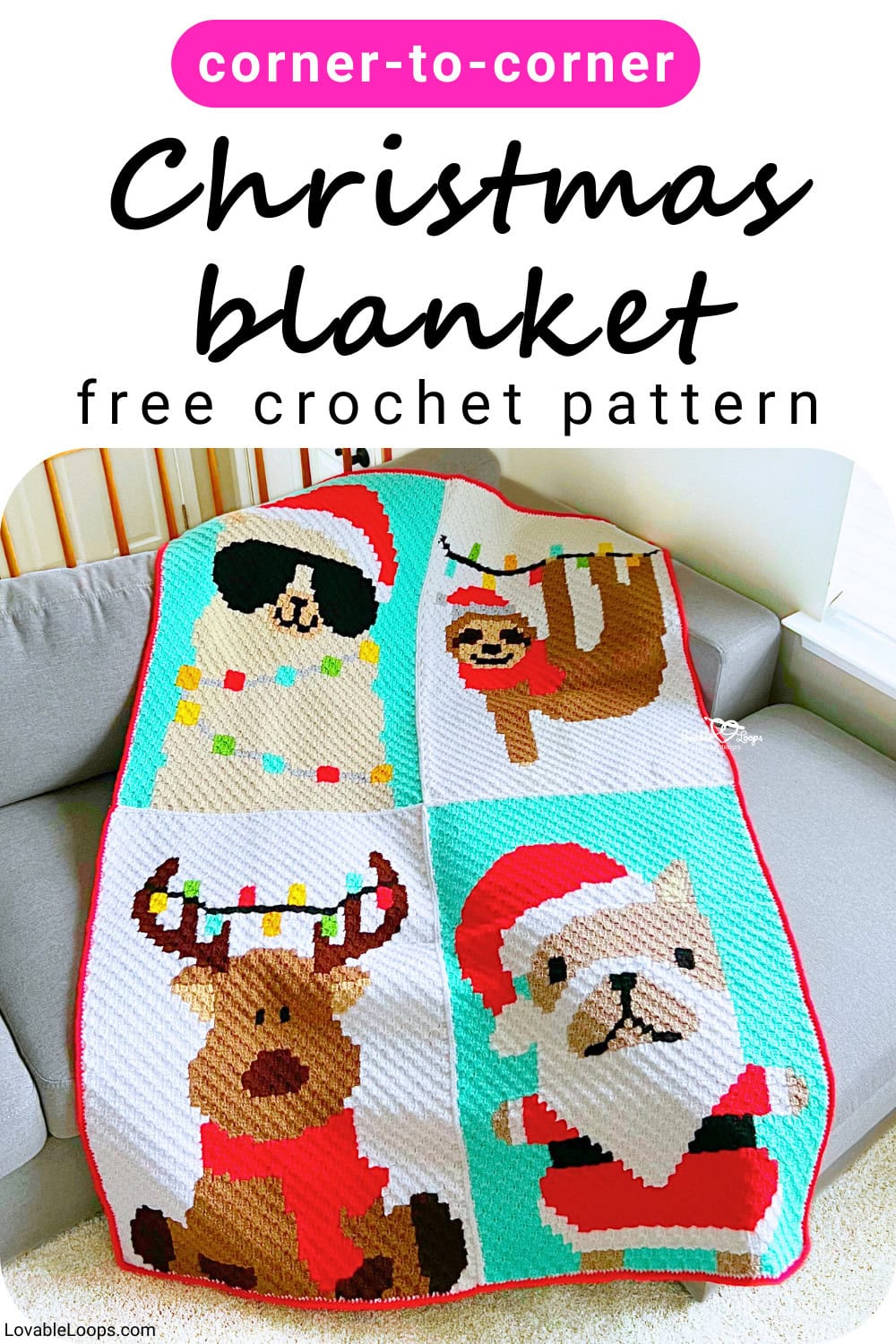 Finished C2C Christmas animal blanket crochet pattern displayed vertically, featuring four holiday-themed animal panels in a corner-to-corner crochet blanket