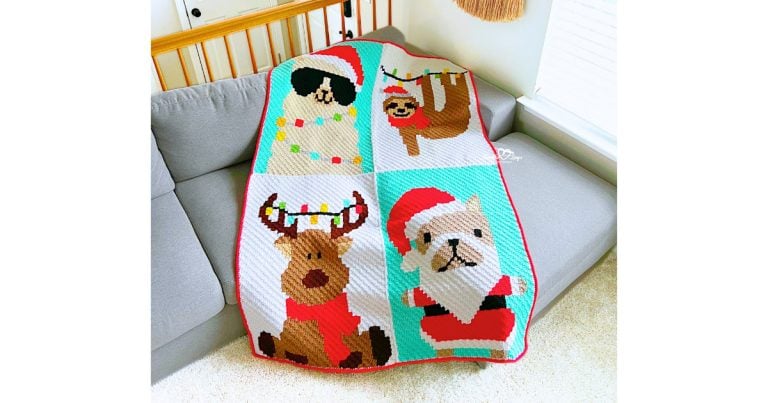 C2C Christmas animal blanket crochet pattern featuring four holiday animal panels including Santa dog, reindeer, sloth, and llama, displayed on a couch