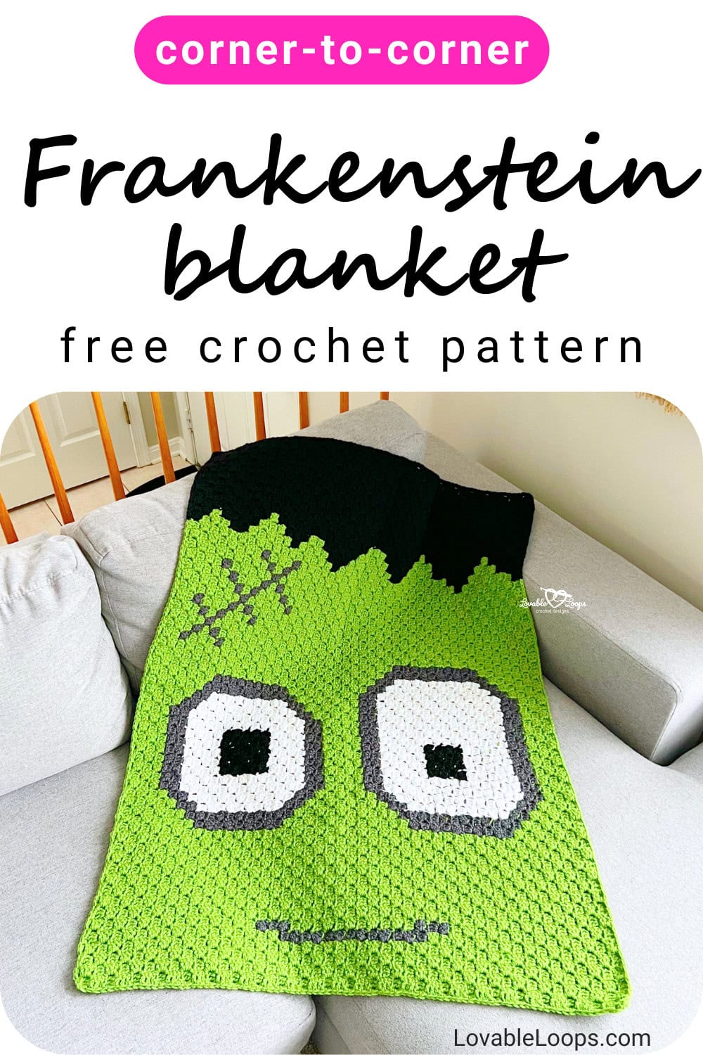 Pinterest-style image for a C2C Frankenstein blanket crochet pattern, showing a green Frankenstein face blanket with text overlay reading &ldquo;Frankenstein blanket free crochet pattern.&rdquo;