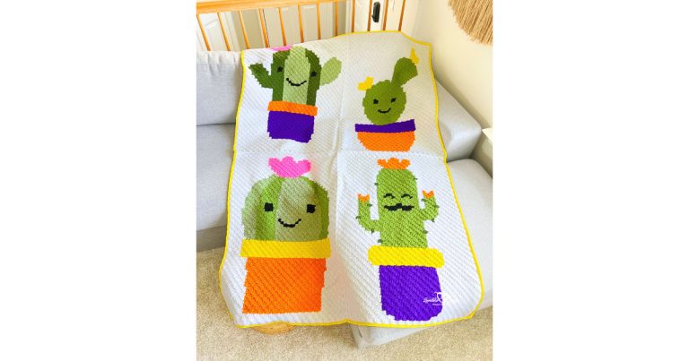Finished C2C cactus blanket crochet pattern displayed vertically, showing four cactus motifs worked in corner-to-corner crochet