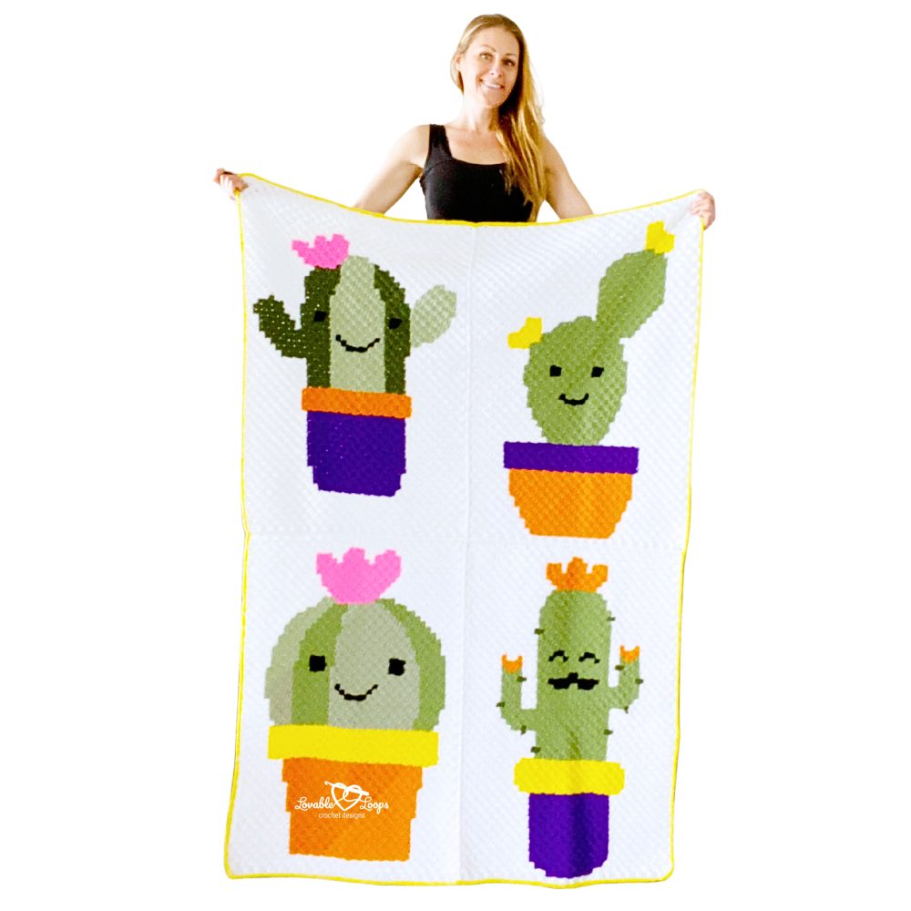 C2C cactus blanket crochet pattern featuring four cute cactus panels in pots, made with colorful worsted weight yarn and corner-to-corner crochet