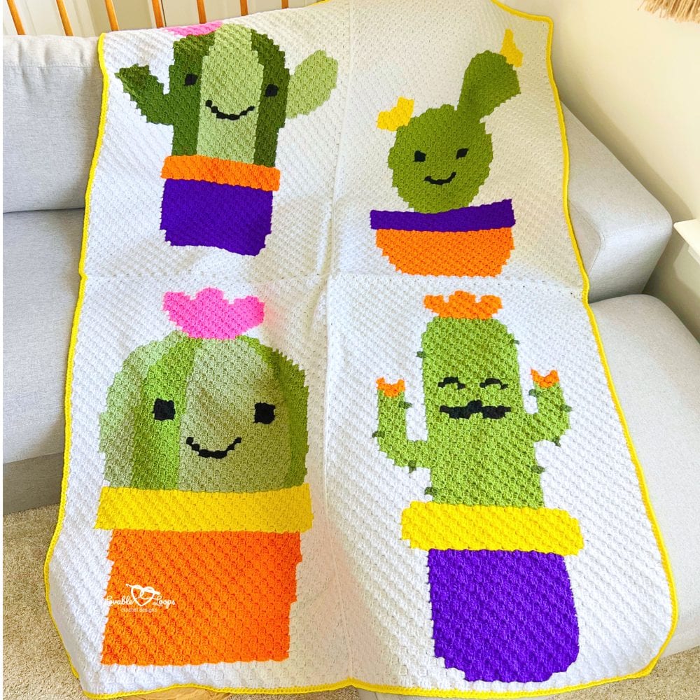 C2C cactus blanket crochet pattern featuring four smiling cactus panels in colorful pots, crocheted using the corner-to-corner method