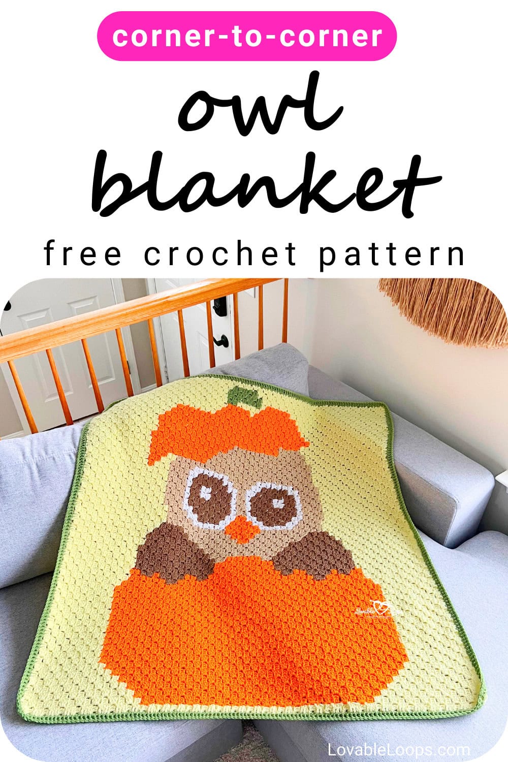 Vertical pin image for a C2C owl pumpkin blanket crochet pattern, showing a fall corner-to-corner crochet blanket designed for kids