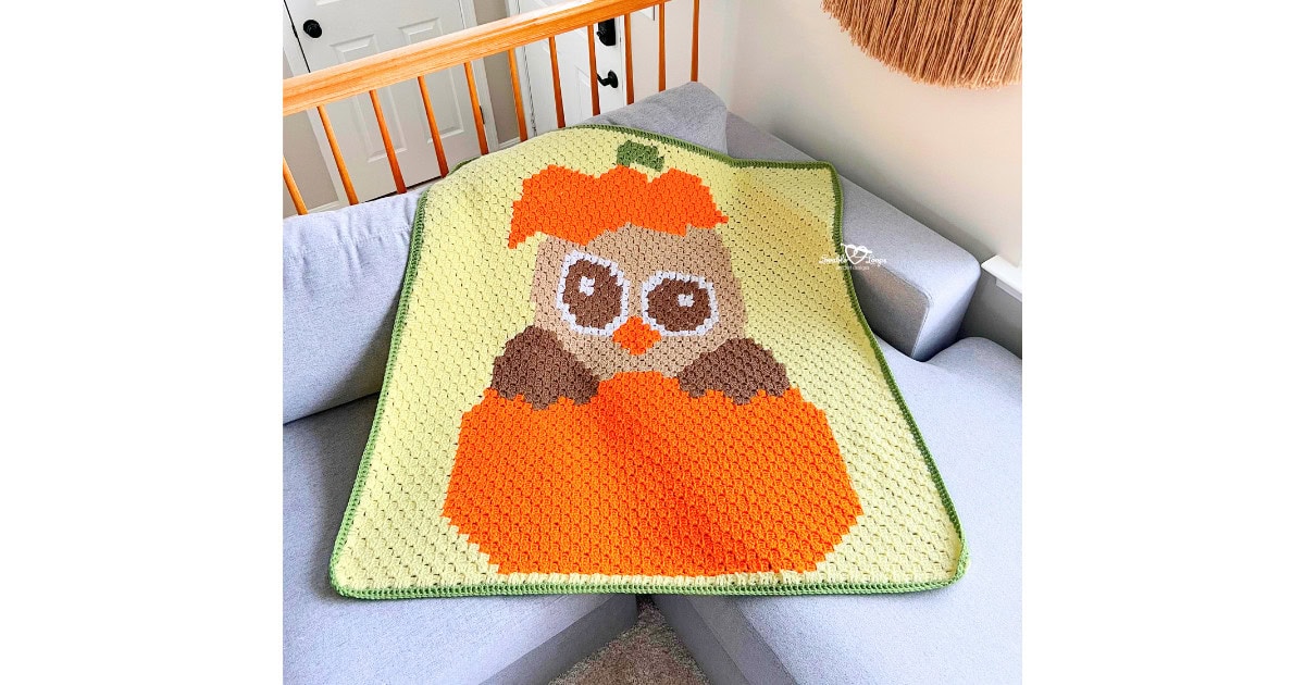 Finished C2C owl pumpkin crochet blanket made with worsted weight yarn, featuring a playful fall design sized for kids