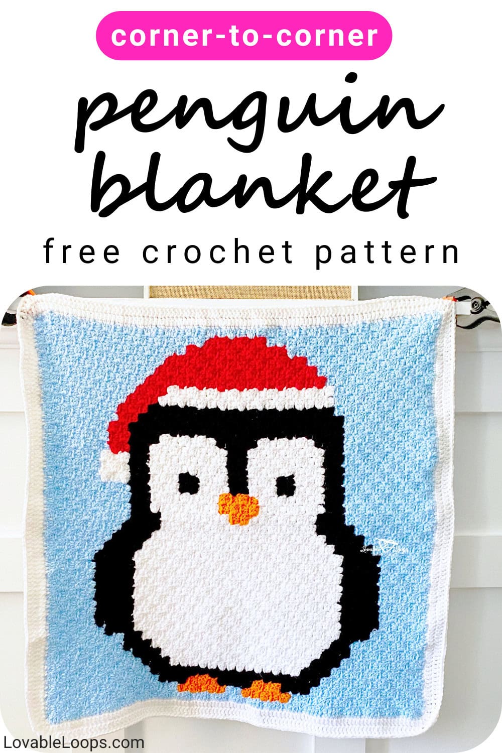 Corner-to-corner crochet penguin blanket featuring a black and white penguin wearing a red Santa hat on a light blue background