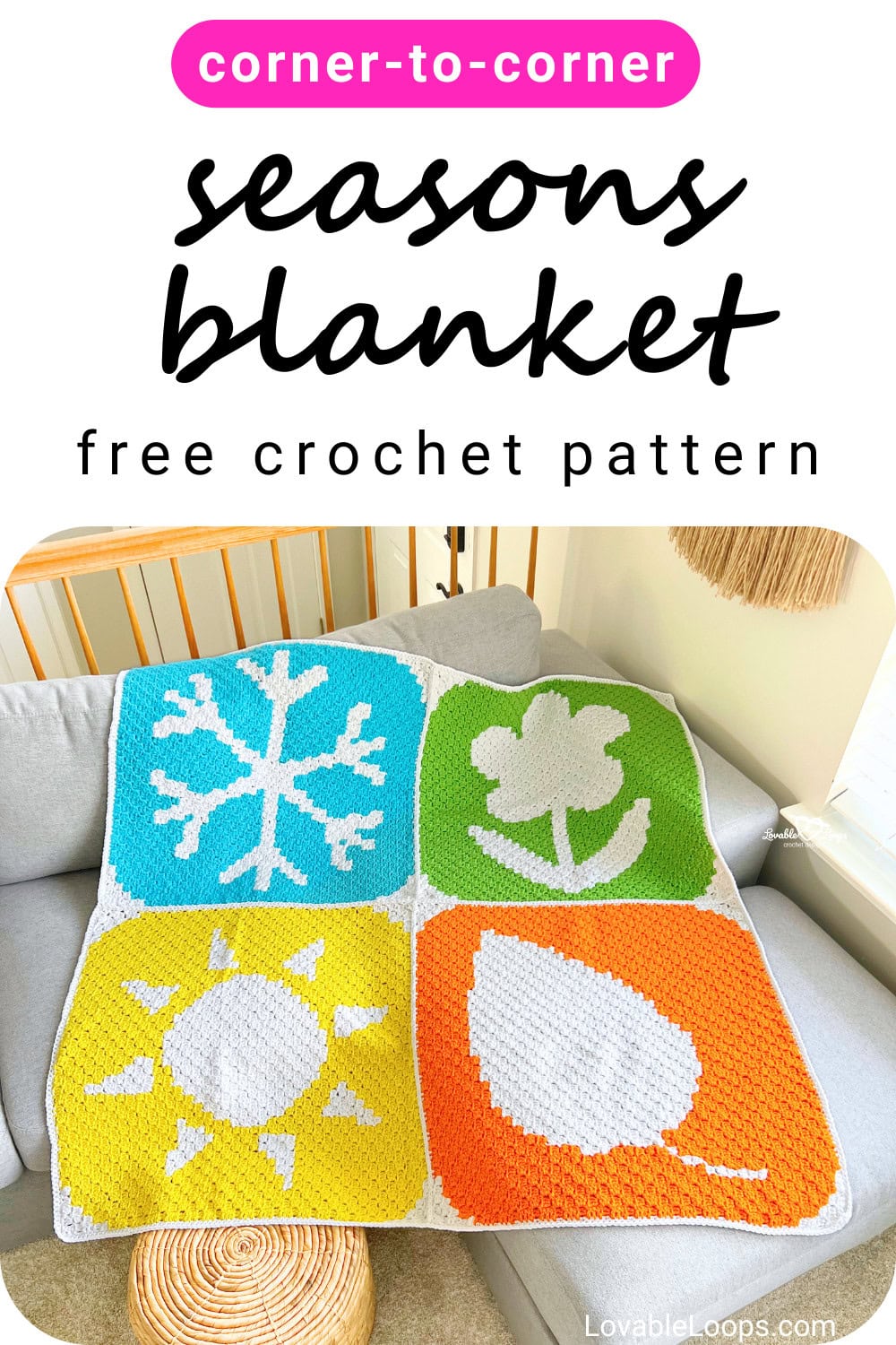 C2C seasons blanket crochet pattern featuring a four-panel corner-to-corner blanket with snowflake, flower, sun, and leaf designs representing winter, spring, summer, and fall