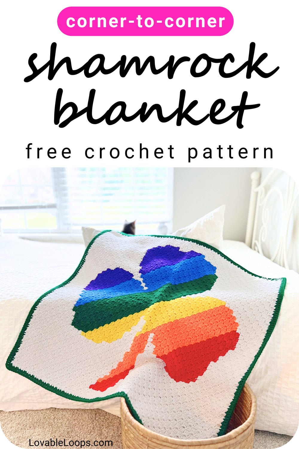 Free C2C shamrock blanket crochet pattern for St. Patrick&rsquo;s Day with bold corner-to-corner colorwork