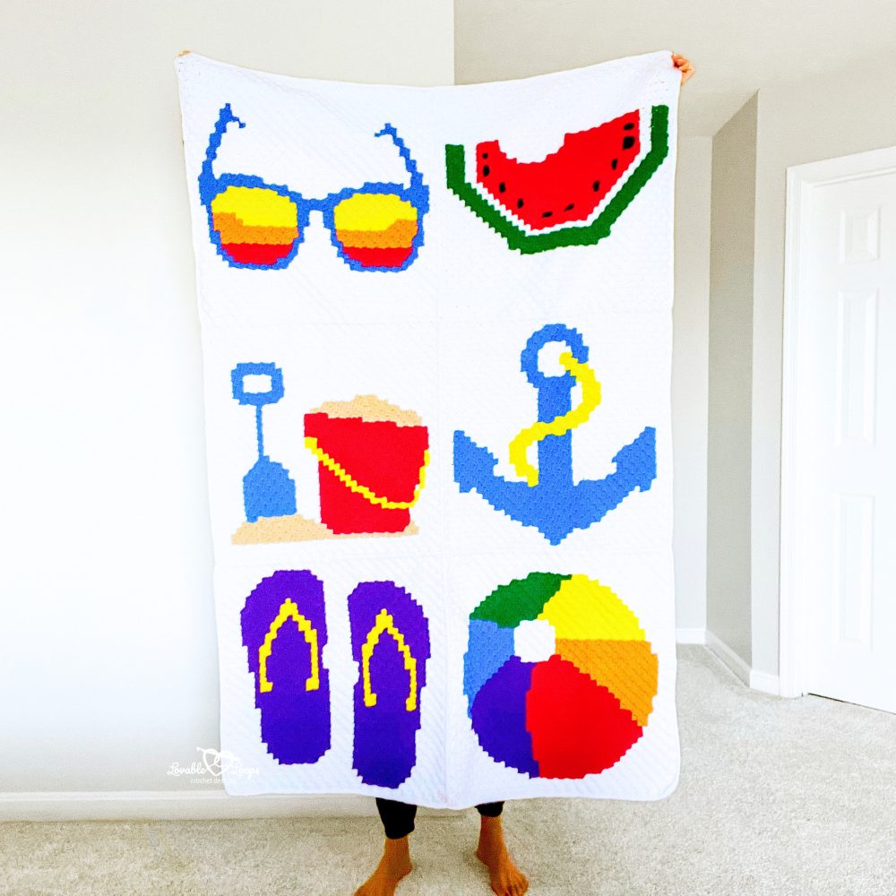 C2C beach blanket crochet pattern showing the full 6-panel layout on a 45 x 67 inch (114 x 170 cm) blanket with colorful summer motifs.
