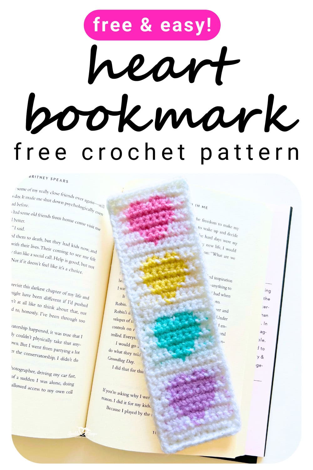 Crochet heart bookmark pattern with colorful heart motifs, handmade crochet bookmark placed inside an open book