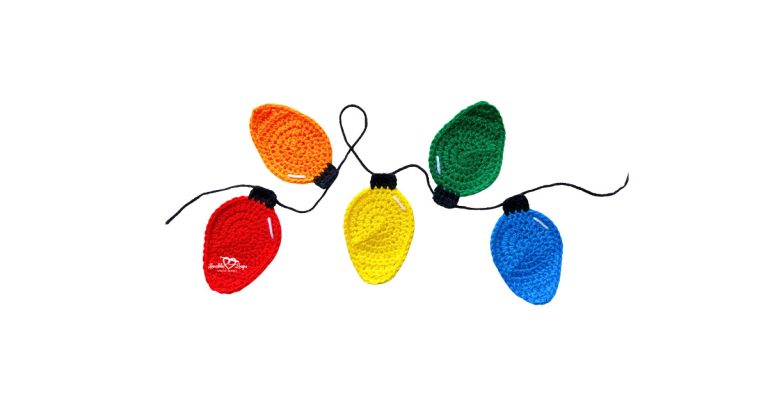 Colorful crochet Christmas lights appliques in red, yellow, green, blue, and orange, made using a free crochet Christmas lights applique pattern.