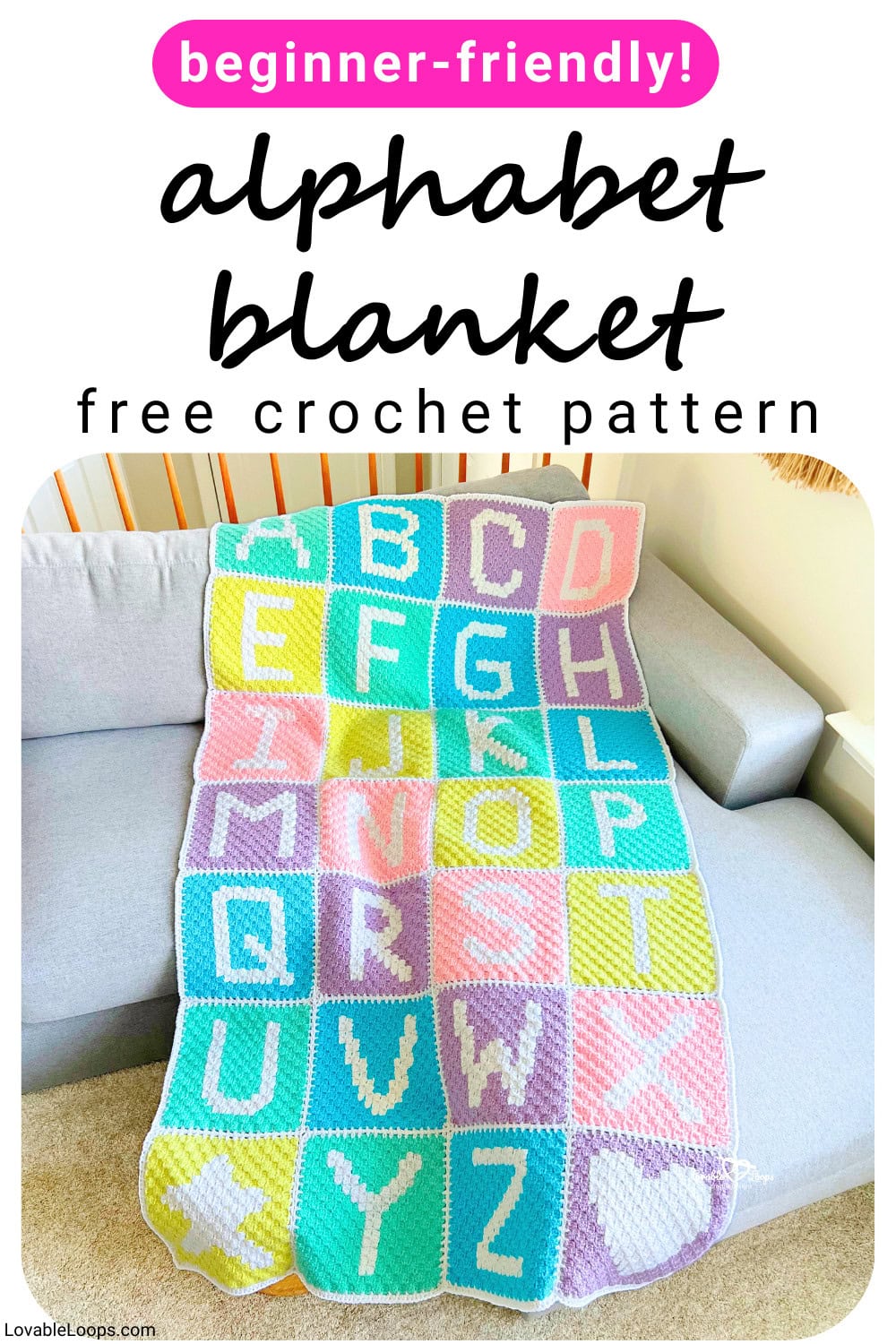 Finished crochet alphabet blanket pattern displayed vertically, featuring colorful A&ndash;Z letter panels in a corner-to-corner crochet blanket