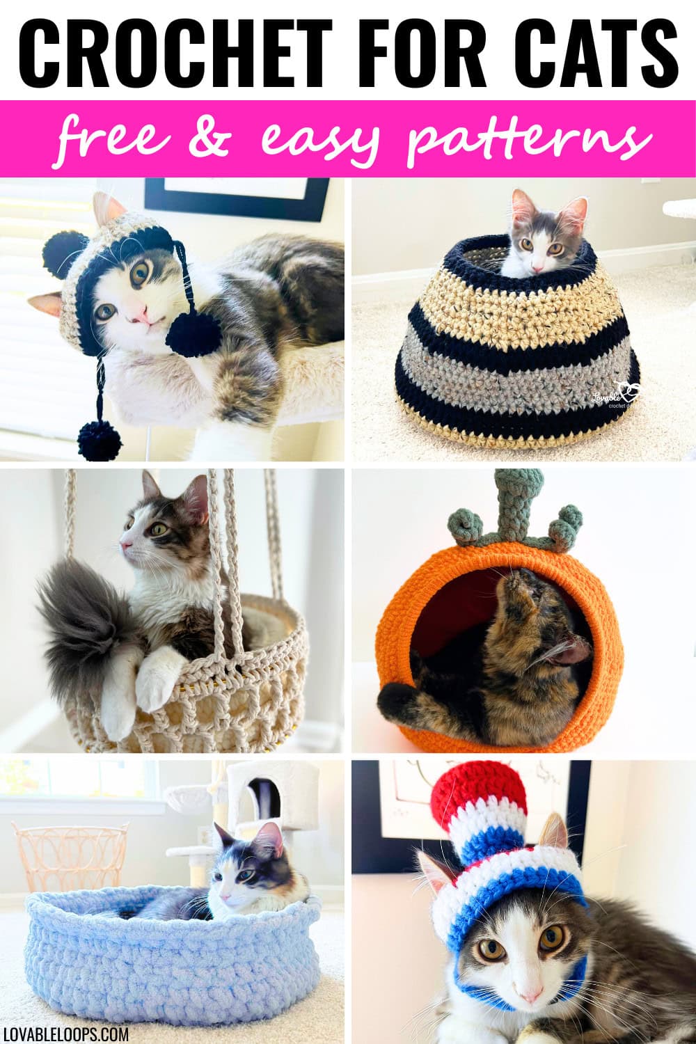 Free crochet cat patterns featuring crochet cat beds, crochet cat toys, hanging cat beds, and crochet accessories made for cats