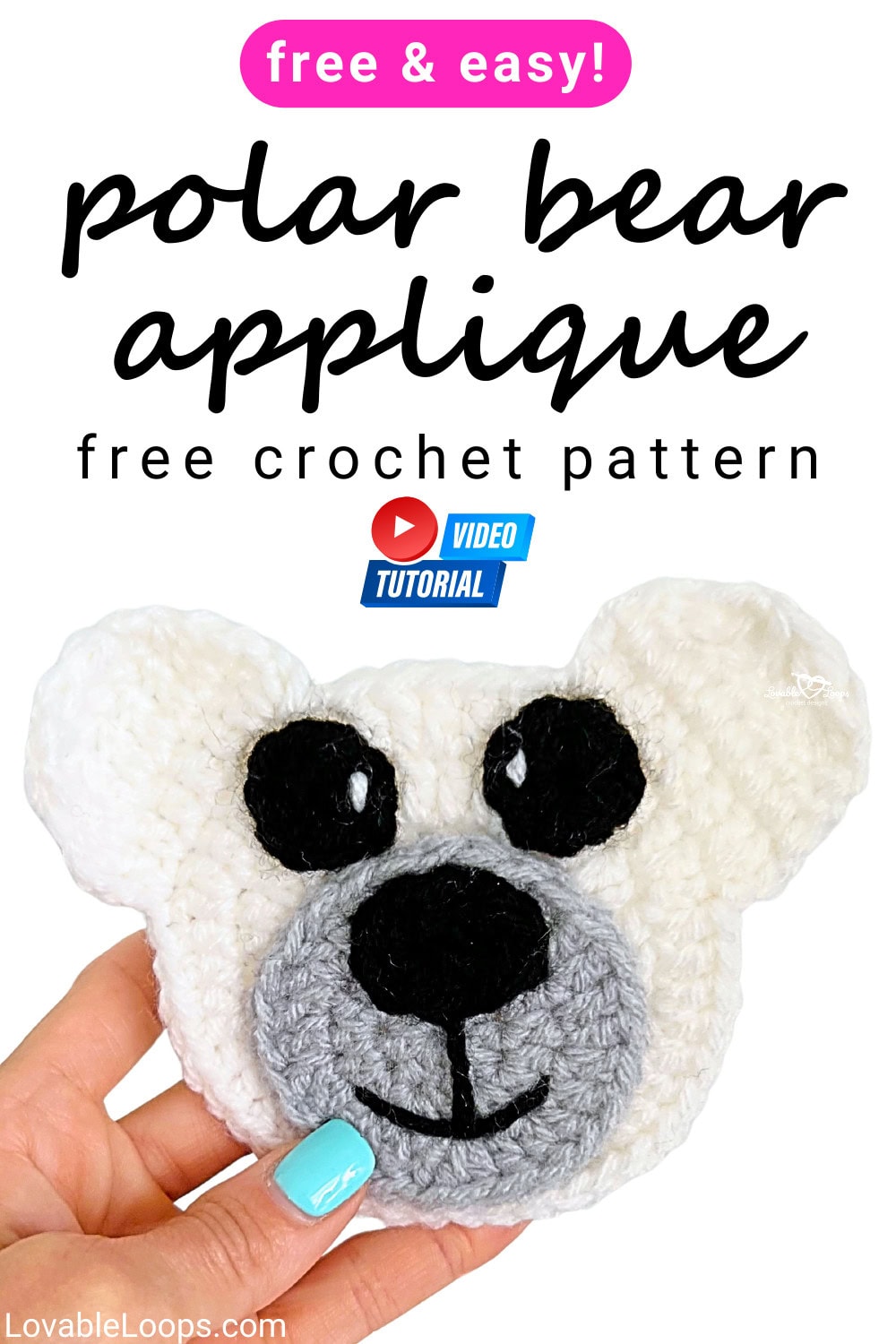 crochet bear applique pattern featuring a white polar bear, beginner friendly