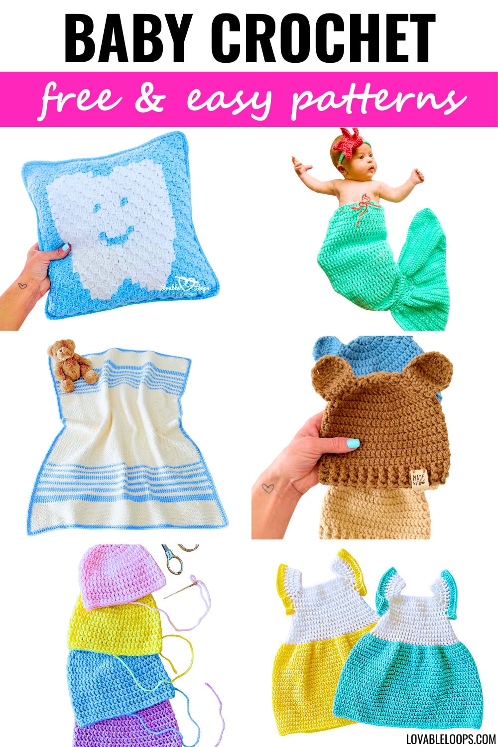 Free crochet baby patterns featuring a baby blanket, baby hats, crochet booties, a baby cardigan, a baby dress, a crochet mermaid costume, and nursery decor projects, all beginner friendly and designed for babies.