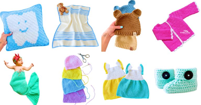 Collection of free crochet baby patterns including baby hats, crochet baby blankets, baby booties, a baby cardigan, baby dresses, and a crochet mermaid costume, designed for beginners and baby-friendly wear.