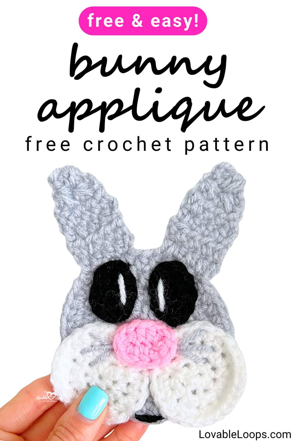 Gray crochet bunny applique with long ears, black eyes, white cheeks, and a pink nose, shown as a cute and easy free crochet Easter bunny pattern.