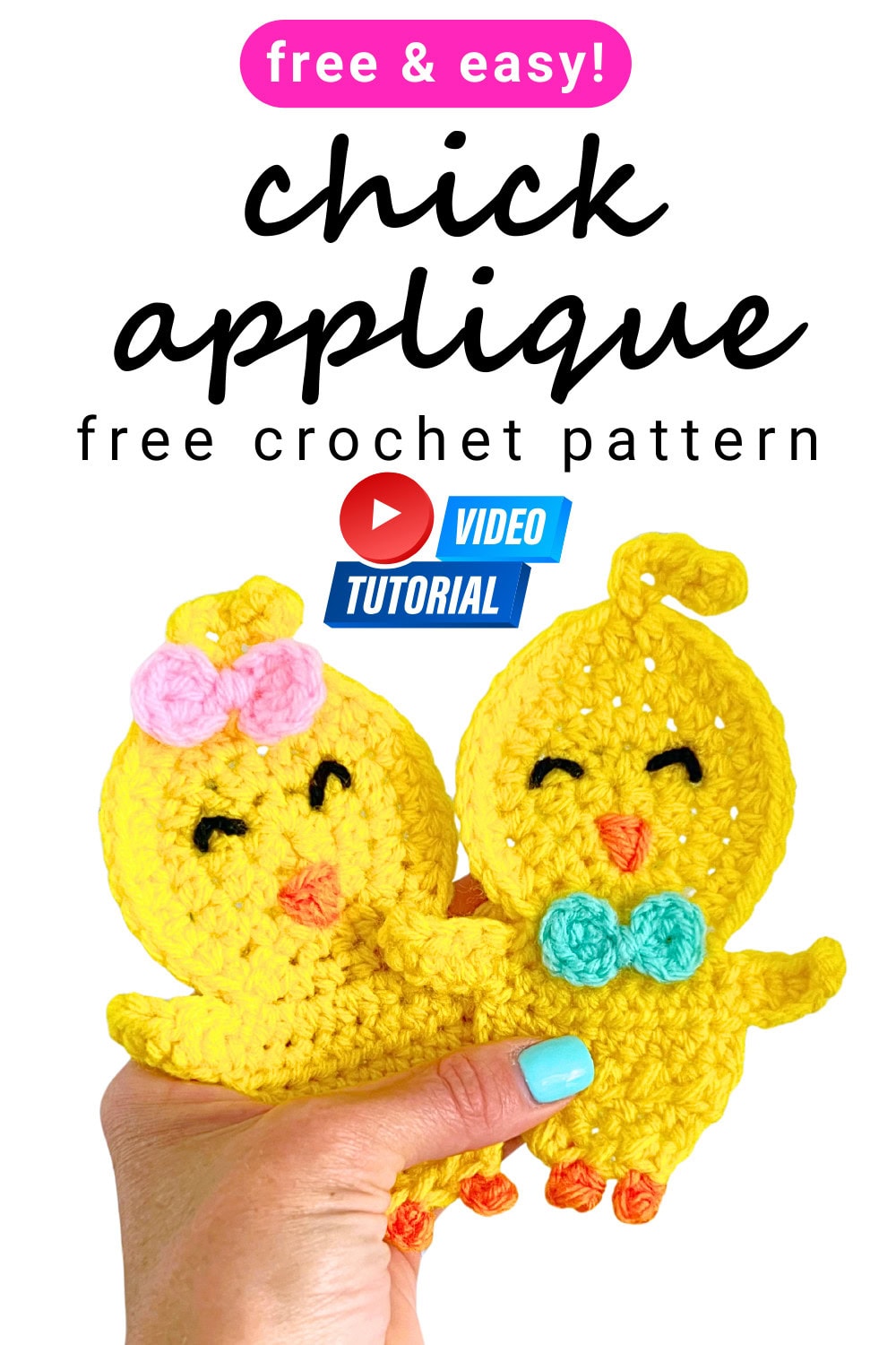 Two yellow crochet chick appliques with bows and stitched faces, made using a free crochet chick applique pattern with a step-by-step video tutorial.