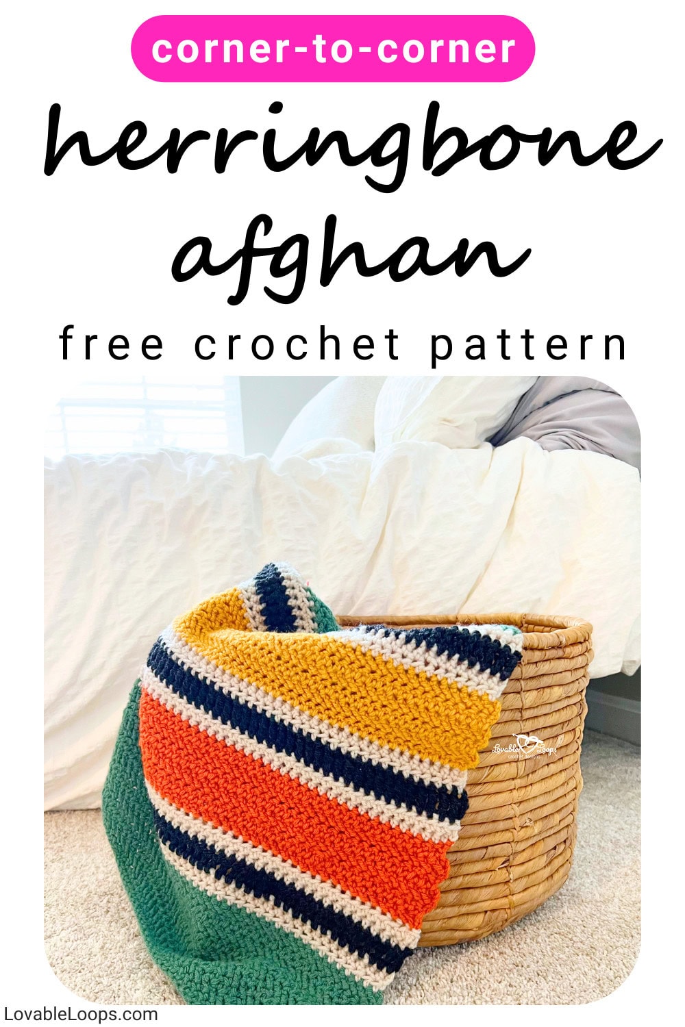 Free herringbone double crochet afghan pattern featuring a modern striped crochet blanket in warm fall colors