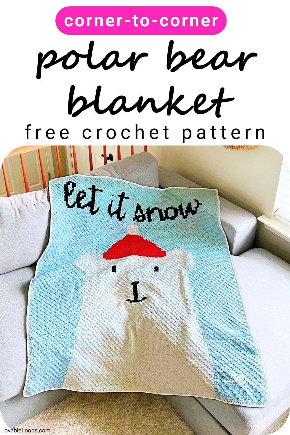 Finished polar bear crochet blanket pattern displayed vertically, featuring a white polar bear motif crocheted using the corner-to-corner method