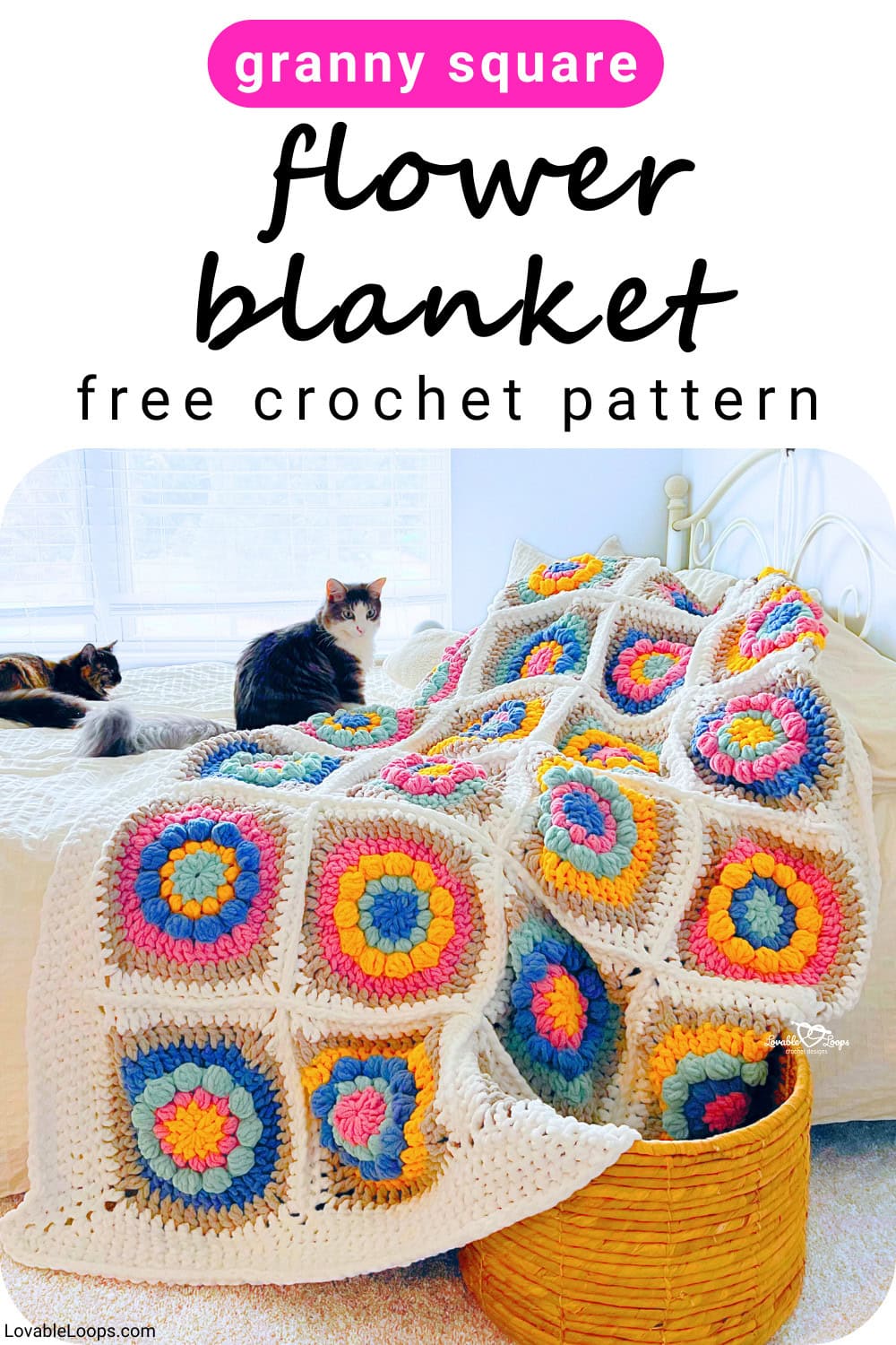Crochet flower granny square blanket pattern displayed with text overlay, featuring bold flower granny squares joined into a cozy handmade blanket