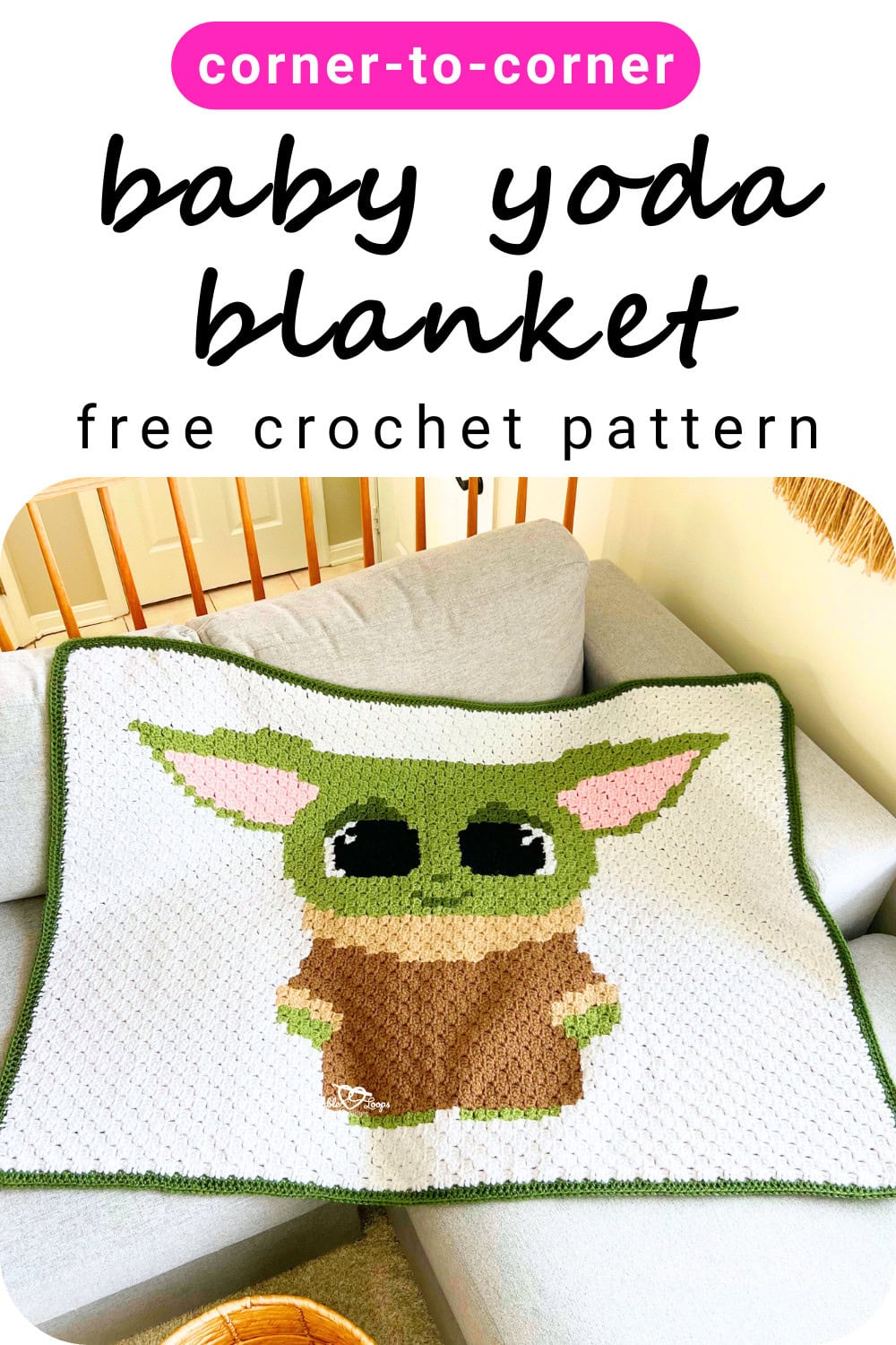 Baby Yoda crochet blanket pattern made with the corner-to-corner (C2C) method, featuring a cute Baby Yoda design on a white baby blanket
