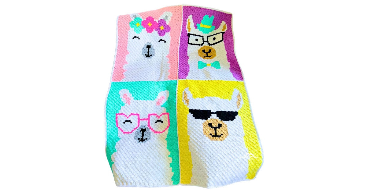 Corner-to-corner C2C crochet llama blanket featuring four colorful llama portraits in pink, purple, teal, and yellow square panels with detailed accessories like glasses, flowers, a hat, and sunglasses.