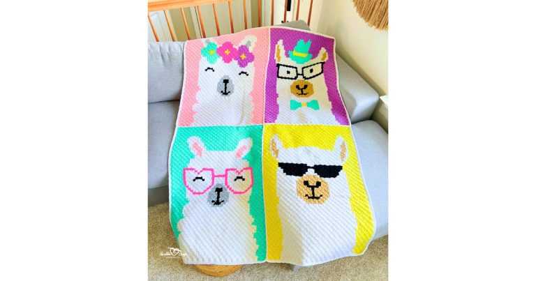 Corner-to-corner C2C llama blanket crochet pattern displayed on a couch with four llama squares in bright colors