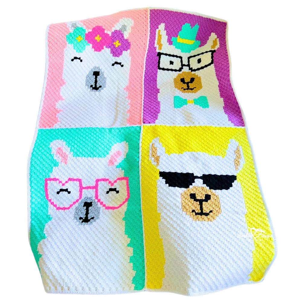 Close-up of a C2C crochet llama blanket showing textured diagonal stitches and four playful llama faces in bright color-block squares, including floral crown, glasses, bow tie, and sunglasses details.