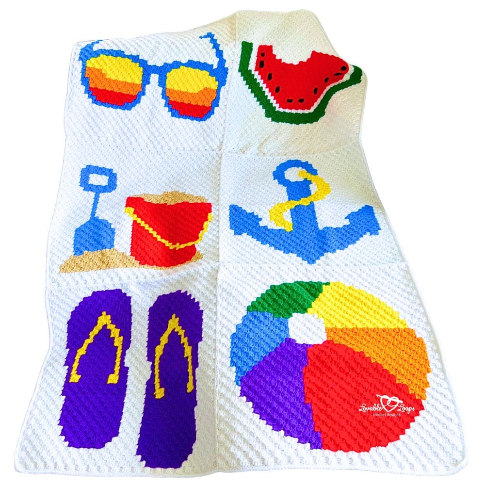 Finished corner-to-corner crochet blanket on a white background, arranged in 6 squares showing sunglasses, watermelon, sand bucket and shovel, anchor, flip flops, and a colorful beach ball.
