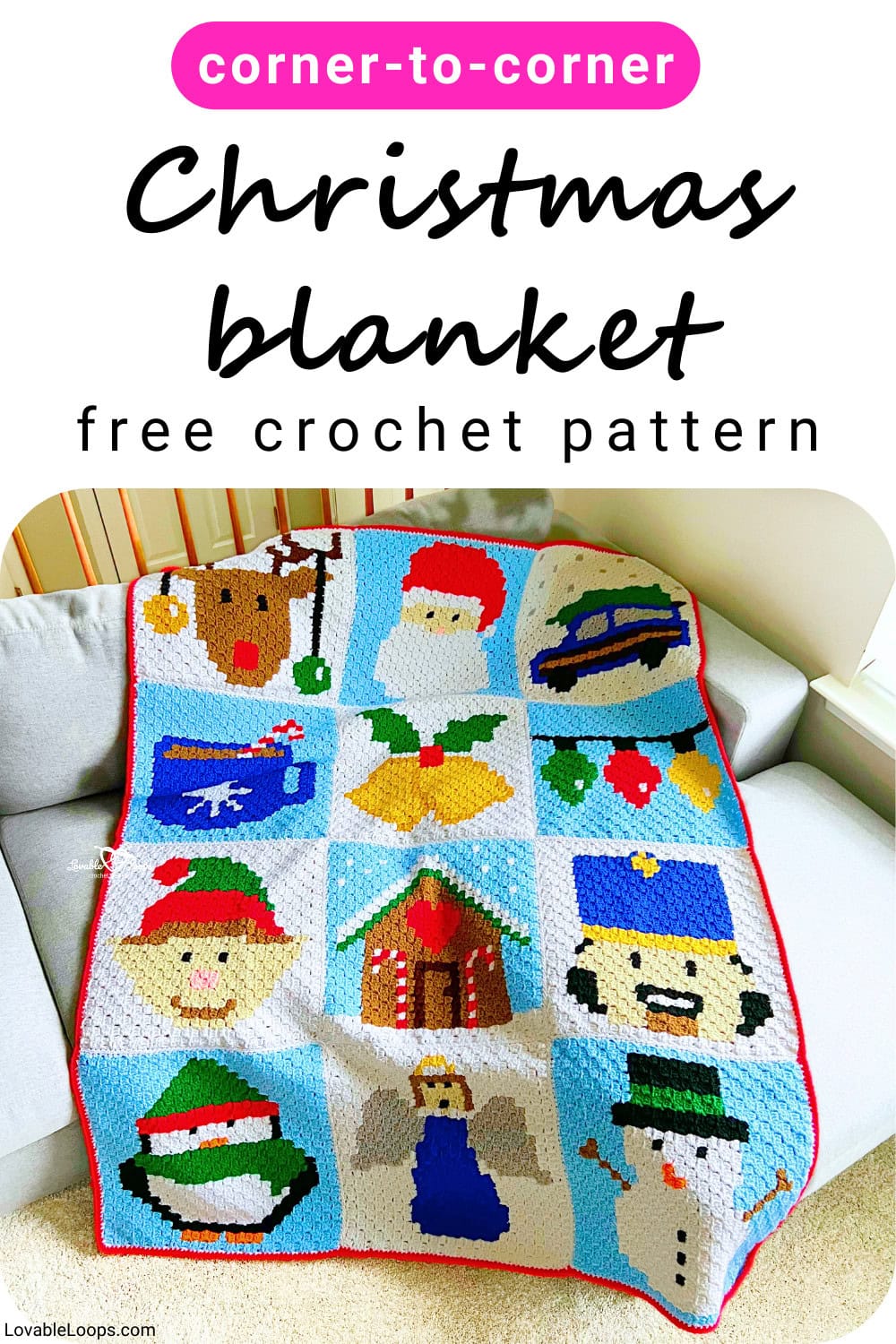 Corner to corner Christmas crochet blanket pattern with festive holiday squares, free C2C crochet pattern for a Christmas blanket