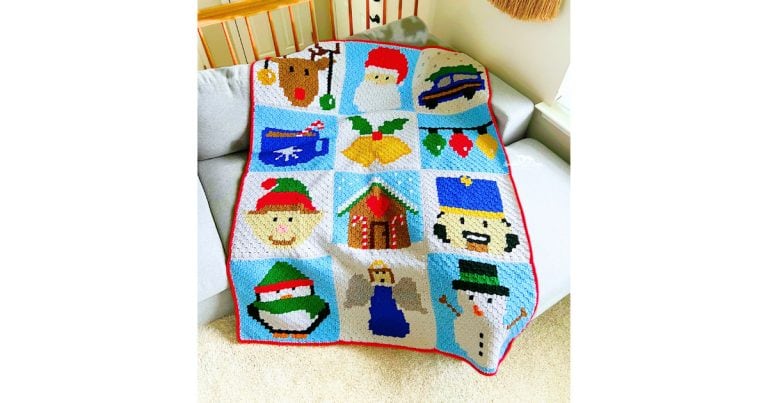 Christmas C2C crochet blanket featuring festive holiday squares including Santa, reindeer, snowman, gingerbread house, and ornaments, made with the corner to corner crochet technique