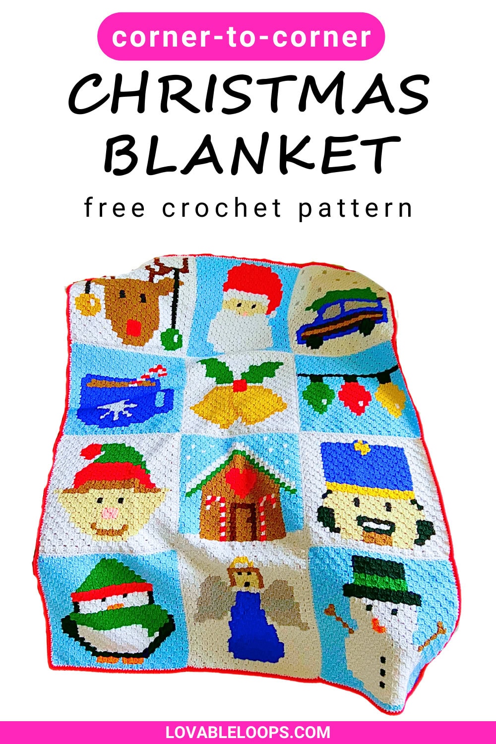 Pin graphic that reads &ldquo;corner-to-corner Christmas blanket free crochet pattern&rdquo; with a photo of a 12-square C2C Christmas blanket featuring holiday images and a red border.