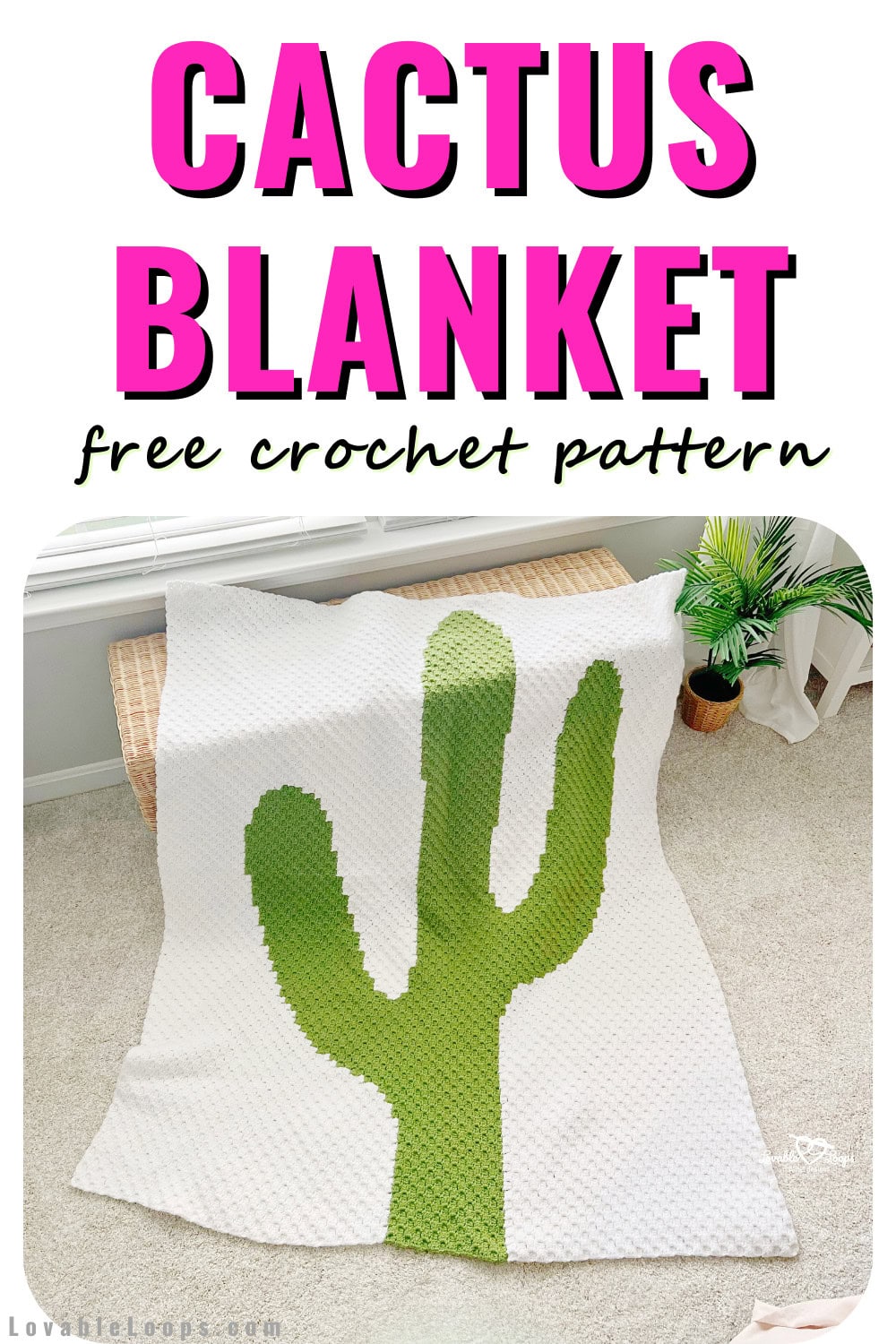 Corner to corner crochet cactus blanket with modern green cactus design on white background