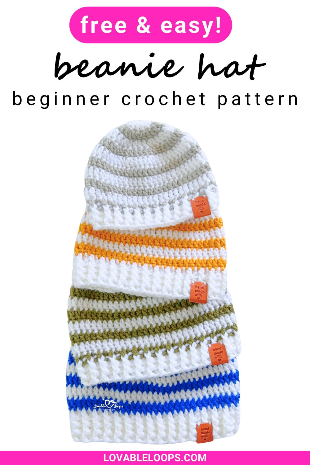 Free crochet beanie hat pattern for beginners featuring a striped top-down design with a ribbed brim, shown in baby through adult sizes