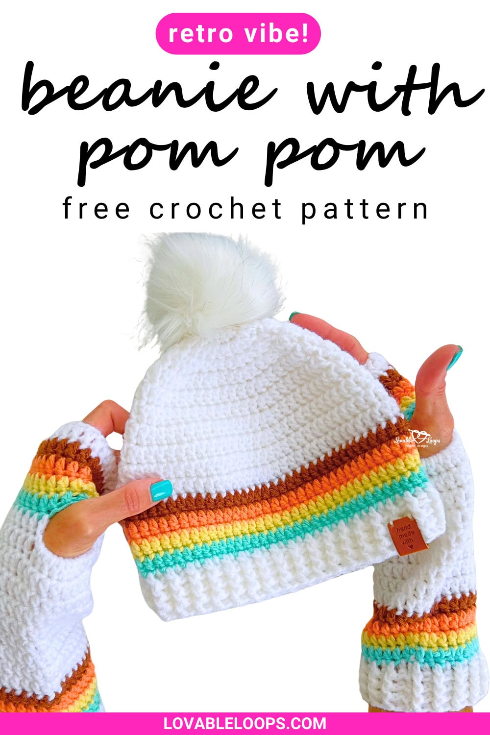 Crochet beanie with pom pom featuring bold retro stripes, a white ribbed brim, and a fluffy pom pom, shown with matching crochet arm warmers