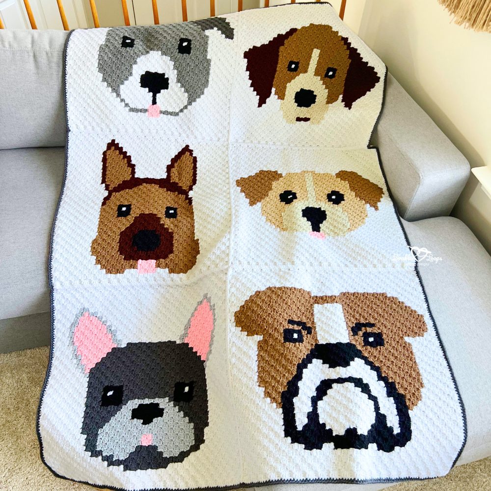Corner to corner crochet dog blanket with six dog face panels, displayed on a couch in a neutral living room