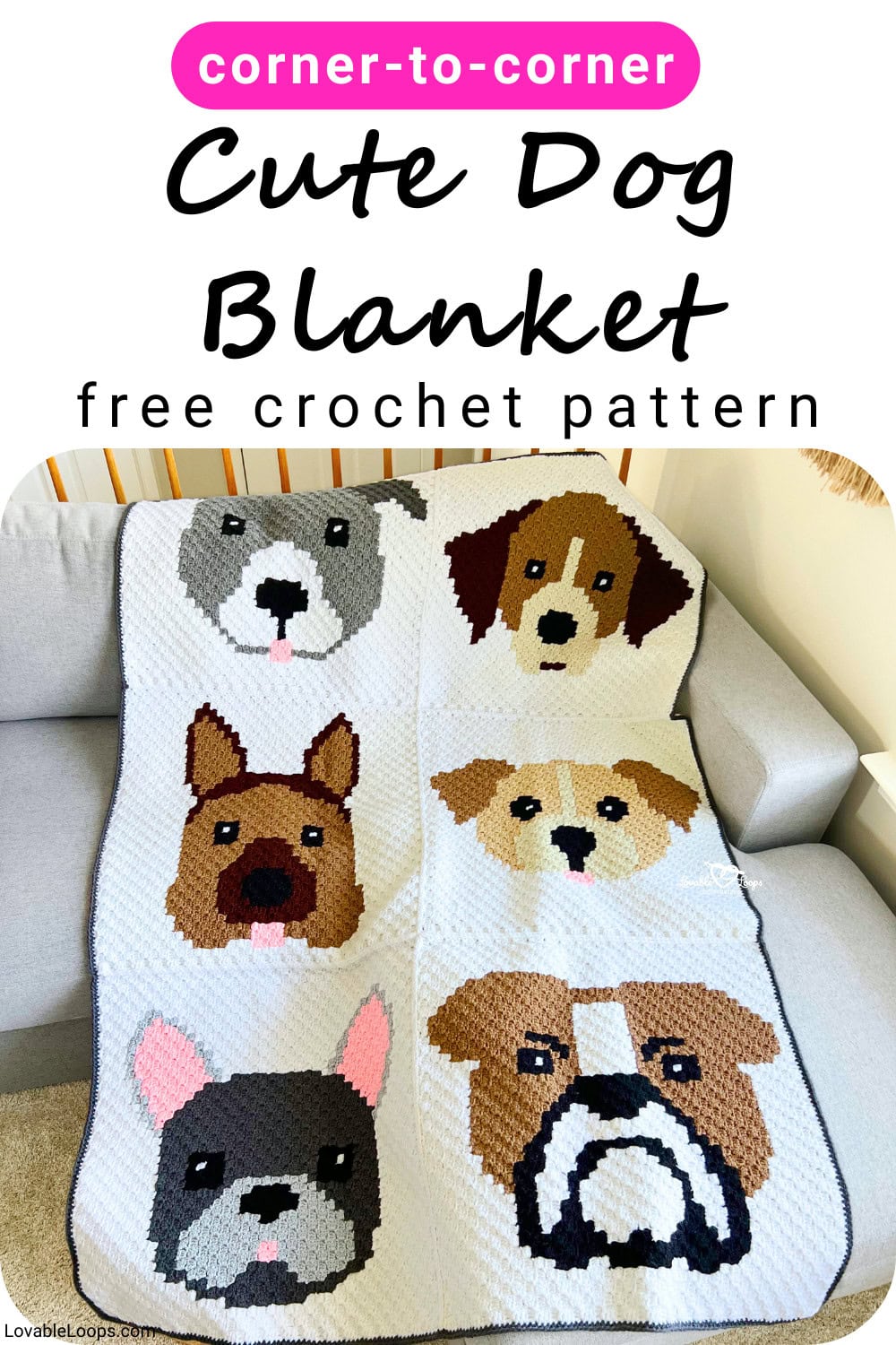 Cute dog crochet blanket pattern made using corner to corner (C2C) crochet, featuring six dog faces on a white background