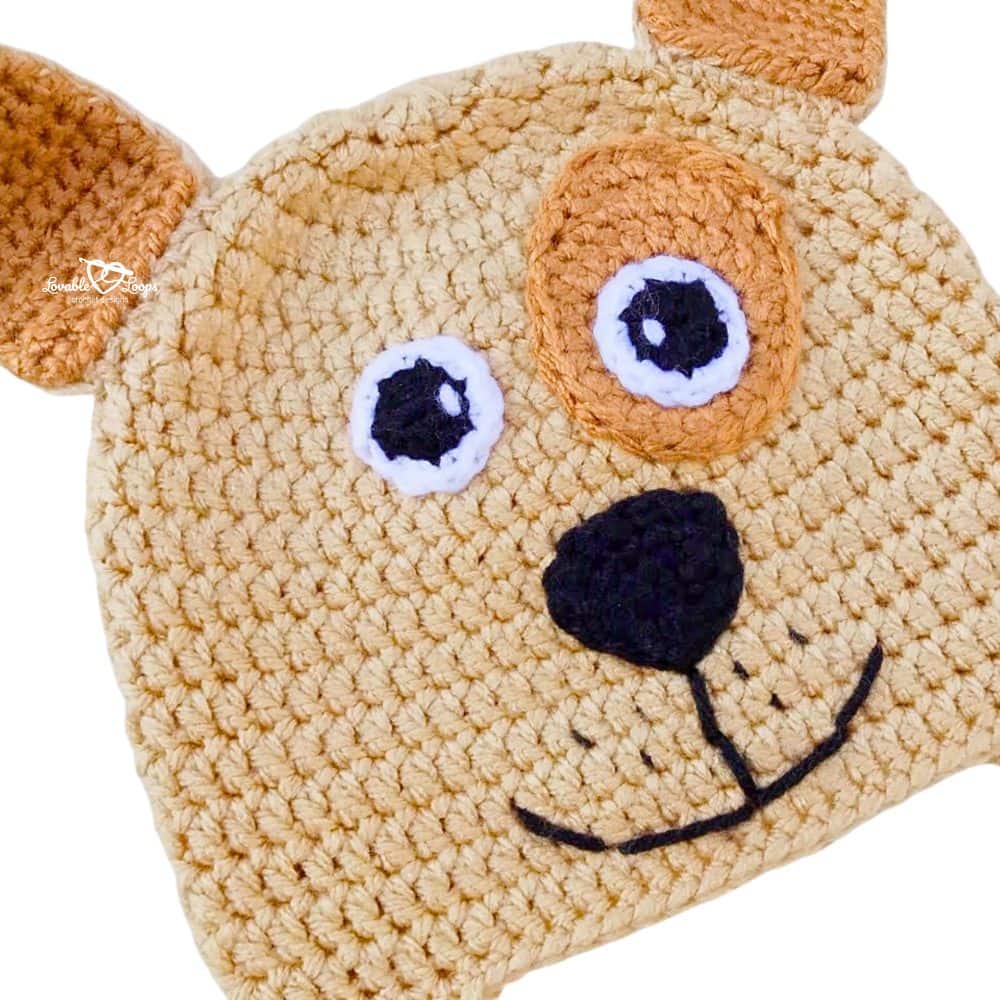 Close-up of the crochet dog hat pattern showing the dog eyes, eye patch, black nose, and stitched smile.