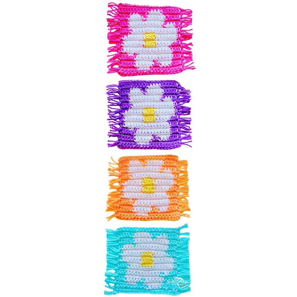 Vertical layout of crochet flower coasters made with tapestry crochet, each showing a daisy design in bright spring colors with fringe edges