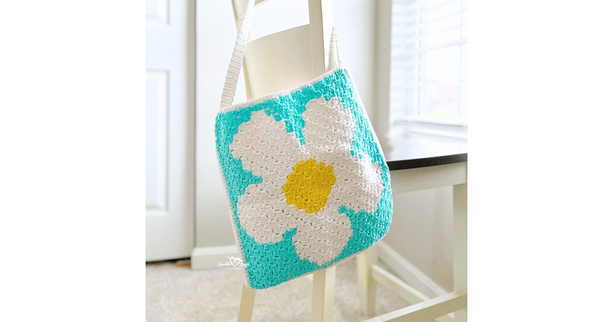 Finished crochet flower tote bag made from two C2C panels, modern daisy tote bag pattern