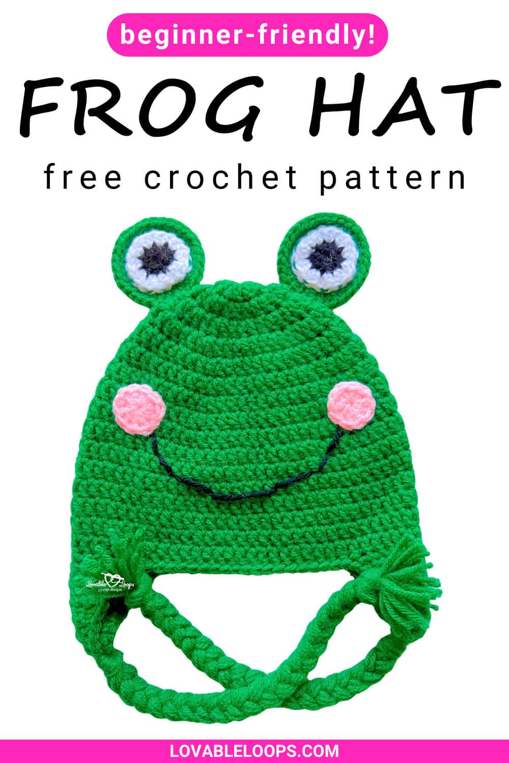 Crochet frog hat pattern featuring a green frog hat with earflaps, braided ties, and playful frog eyes, designed for toddlers, children, and adults