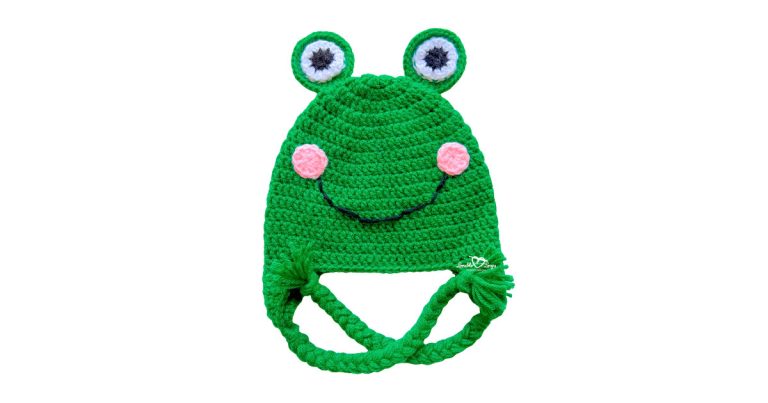 Full view of a green crochet frog hat with earflaps, braided ties, and frog face details on a white background