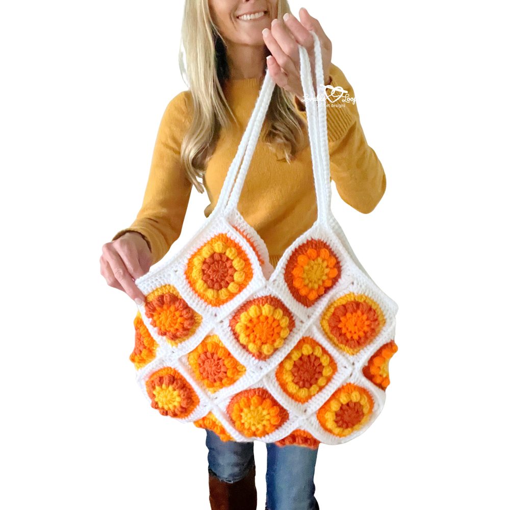 Colorful crochet flower granny square tote bag, handmade and beginner-friendly