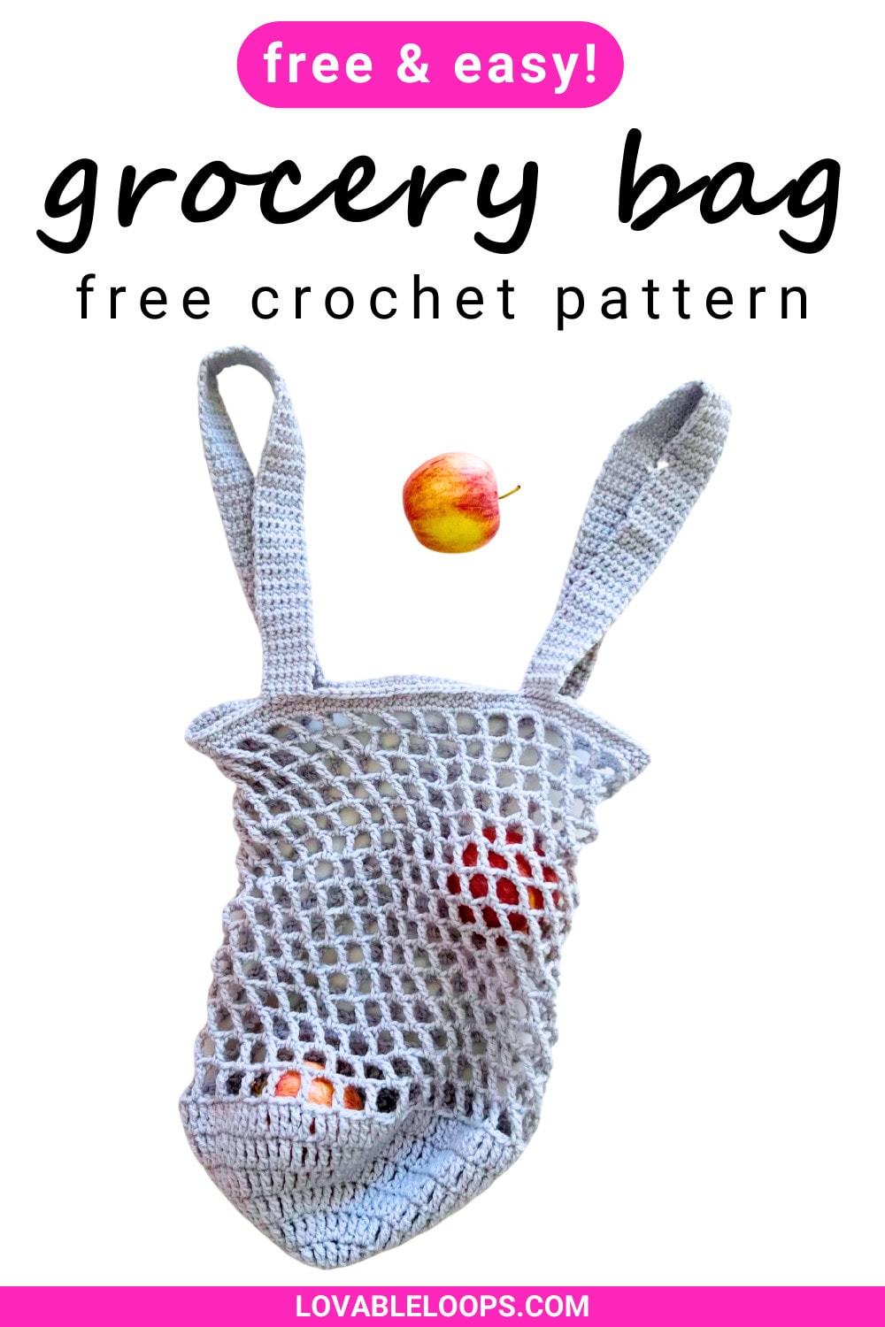 Crochet grocery bag pattern with mesh body and sturdy straps, worked in the round using worsted weight yarn and designed as a reusable shopping bag