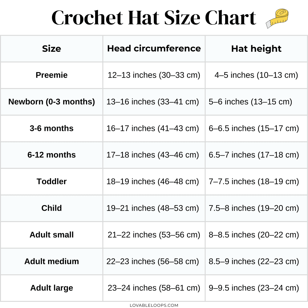 Crochet hat size chart table showing size, head circumference, and hat height in inches and centimeters from preemie through adult large.