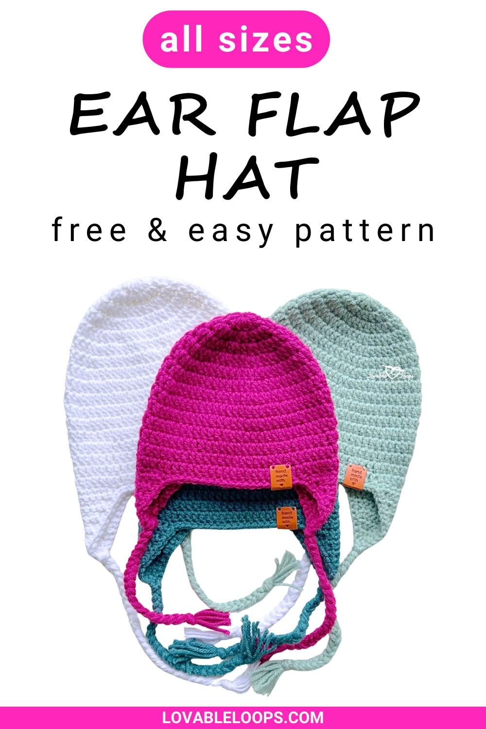 Single crochet ear flap hat pattern with braided ties, shown in baby, toddler, child, and adult sizes, free and beginner friendly