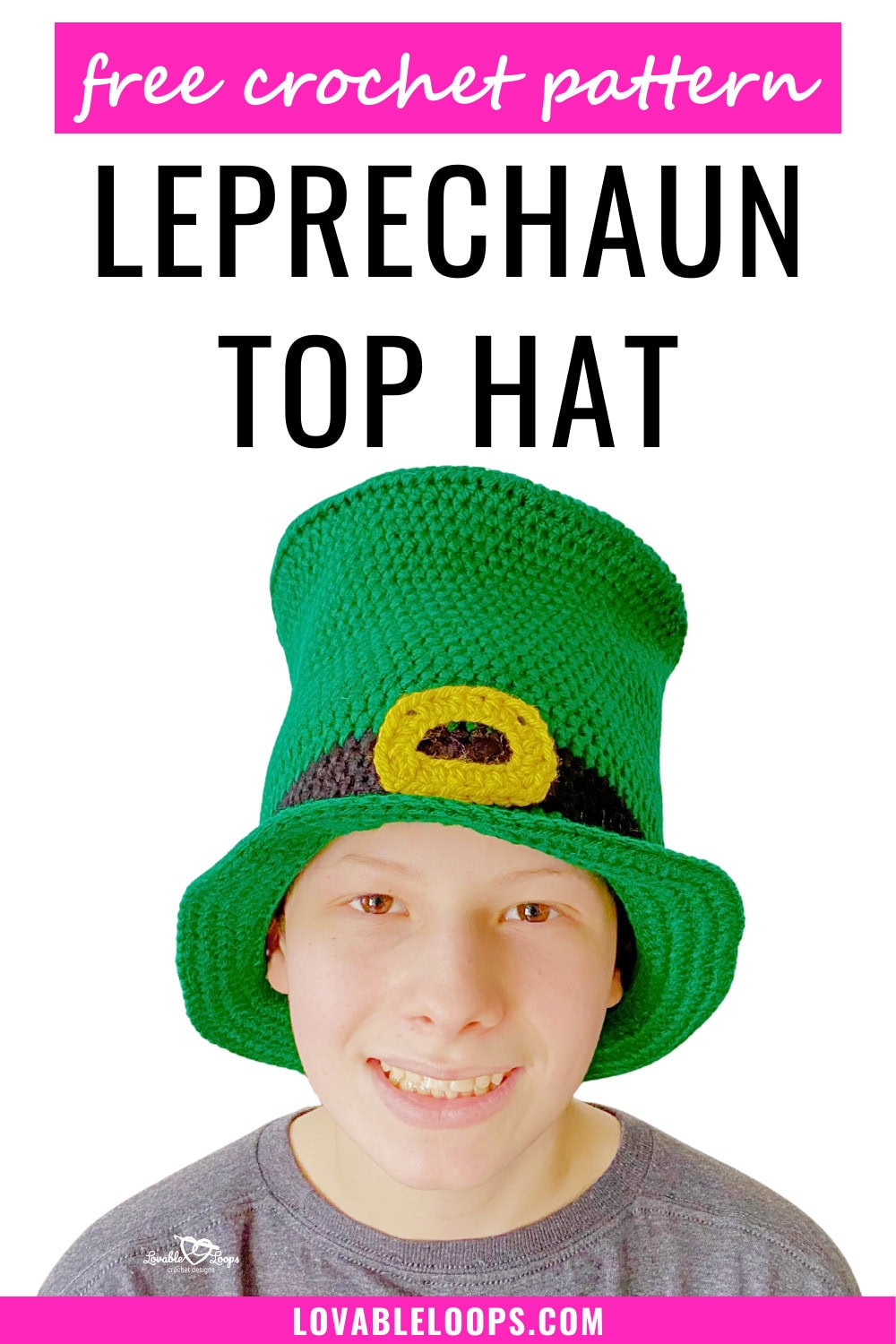 Pinterest graphic featuring a crochet leprechaun top hat pattern with bold green hat, black band, yellow buckle, and St. Patrick’s Day text overlay.