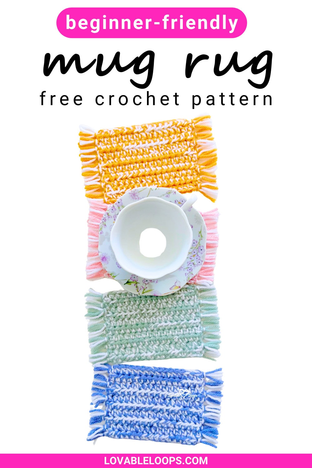 Beginner-friendly crochet mug rug pattern with fringe, featuring modern neutral colors and a thick handmade texture