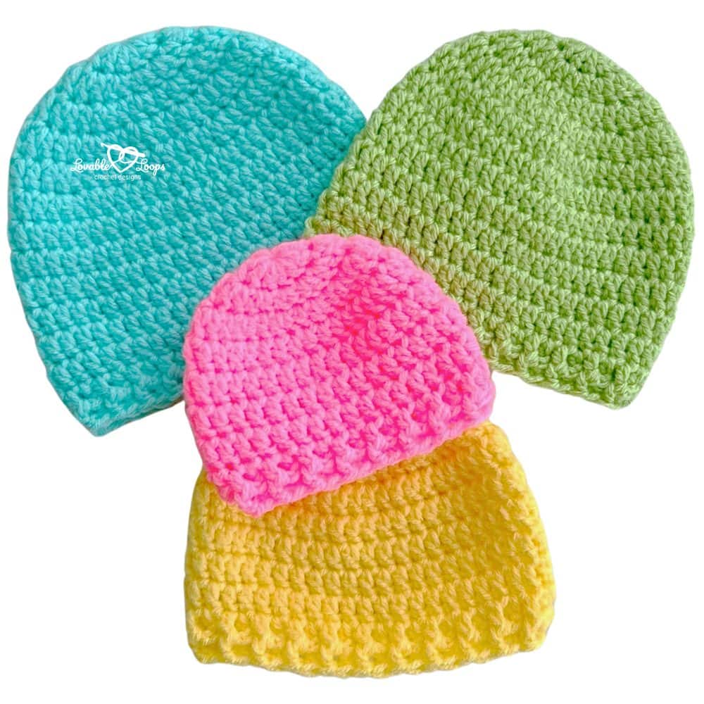 Four crochet newborn hats in turquoise, green, pink, and yellow displayed together. Beginner-friendly free crochet newborn hat pattern worked with simple stitches.